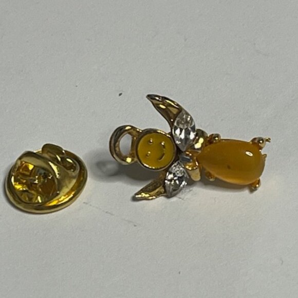 Angel of Happiness Gold Tone Rhinestone Wings Smiley Face Hat Vest Lapel Pin - Picture 6 of 14